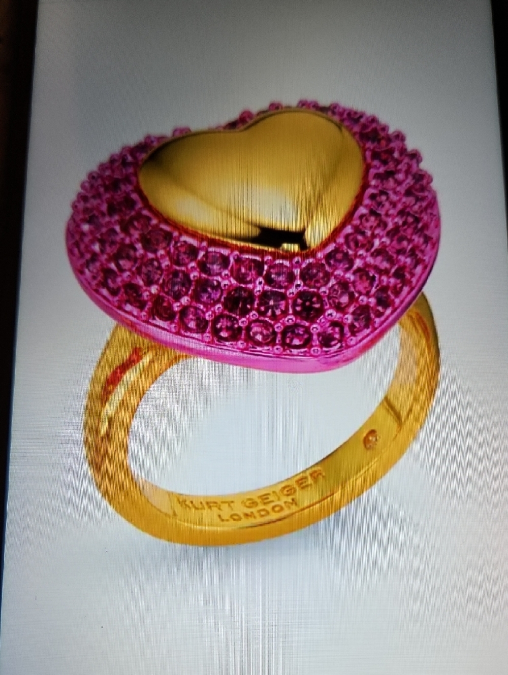 Kurt Geiger Hot Pink Crystal Heart Ring with Gold Center - Picture 4 of 5